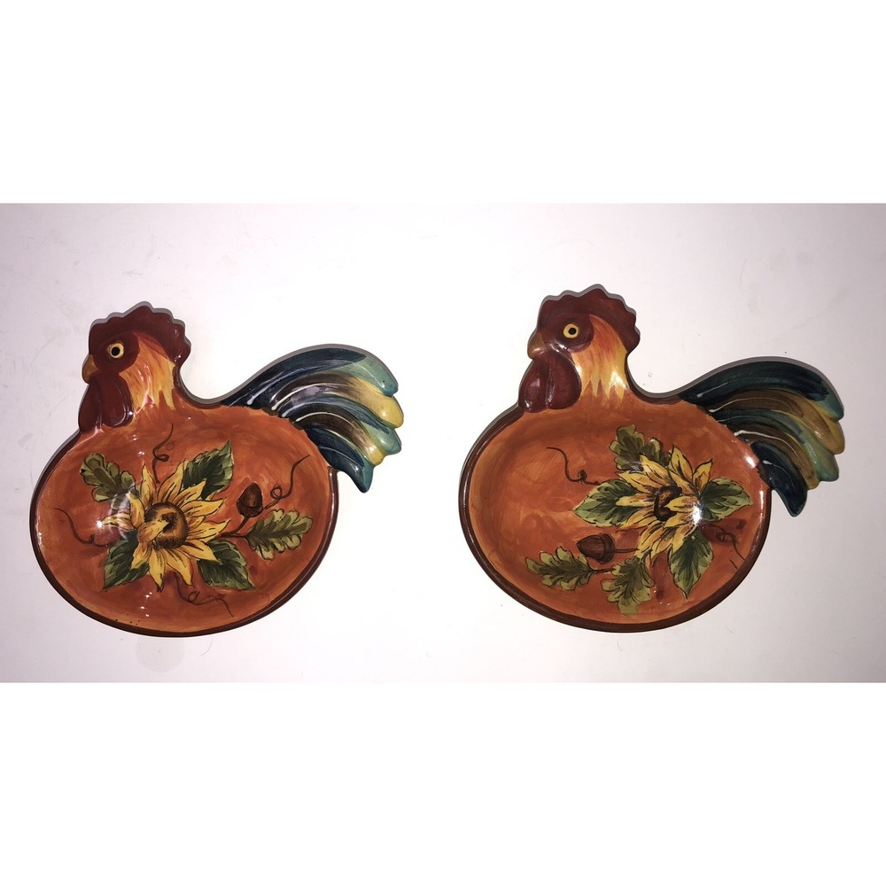 Orange‎ Rooster Two (2) Sunflower Figural Dip Bowls Ceramic Trays Hand Painted